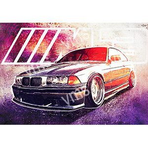 Artistic illustration of a sleek BMW car with dynamic colors and motion effects.