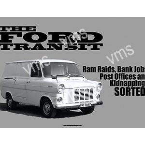 Black and white image of a classic Ford Transit van with text about various jobs.