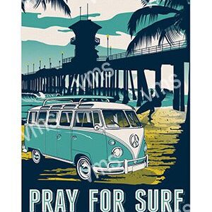 Vintage van parked by palm trees near the ocean with surfboards, captioned 'Pray for Surf'.