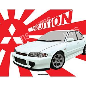 White modified car with racing graphics against a red and white background.