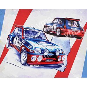 Illustration of two classic rally cars with vibrant blue and red colors.