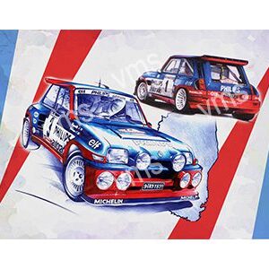 Illustration of two rally cars with vibrant colors and dynamic angles.