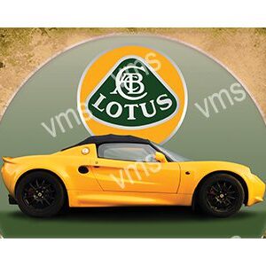 Yellow Lotus sports car parked against a green Lotus-themed backdrop.