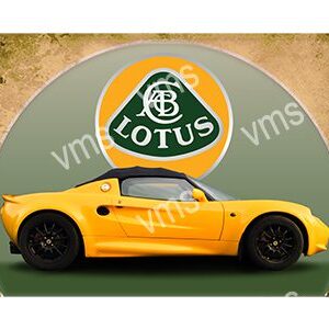 Yellow Lotus sports car with a classic logo backdrop.
