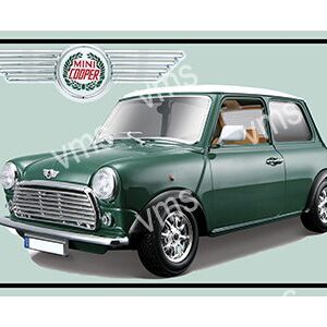 A classic green Mini Cooper with chrome details and sporty wheels.