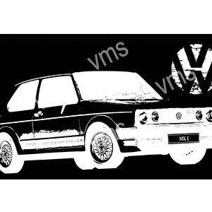 Black and white illustration of a classic car from the side view.
