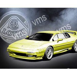 Yellow Lotus sports car with sleek design and logo.