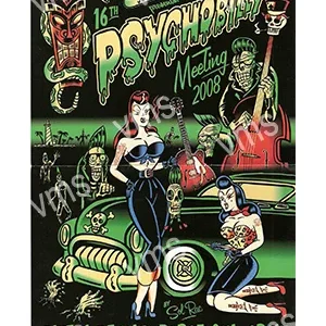 Vintage psychobilly poster featuring two women and a retro car.