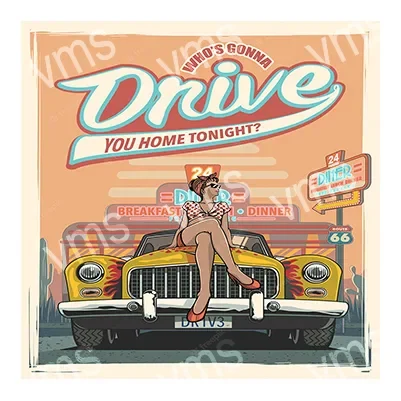 Retro-style poster of a woman sitting on a classic car's hood.