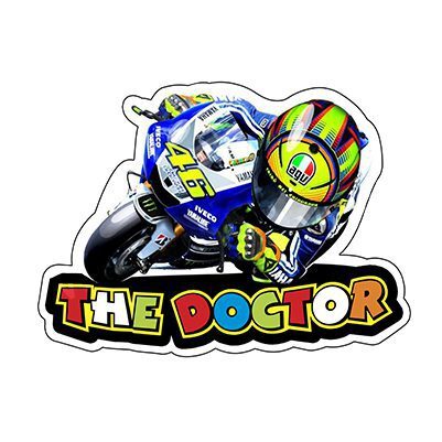 Illustration of a motorcyclist with colorful helmet and text 'THE DOCTOR'.