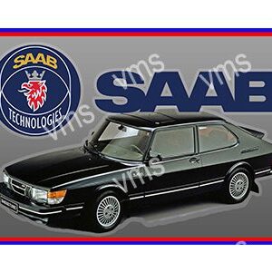 Classic black Saab 900 car with Saab logo and branding.
