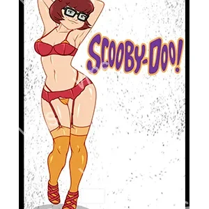 Velma from Scooby-Doo in stylized red lingerie and orange thigh-high socks.