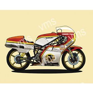 Vintage racing motorcycle with red, white, and yellow detailing on a beige background.