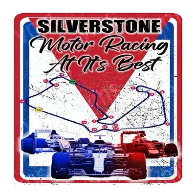 Silverstone Motor Racing poster with Formula 1 cars and track layout.