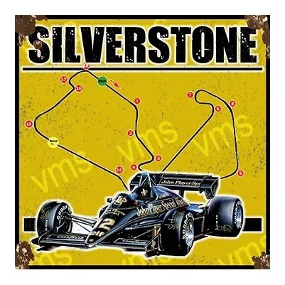 Vintage Silverstone Formula 1 race poster with a detailed track map and race car.