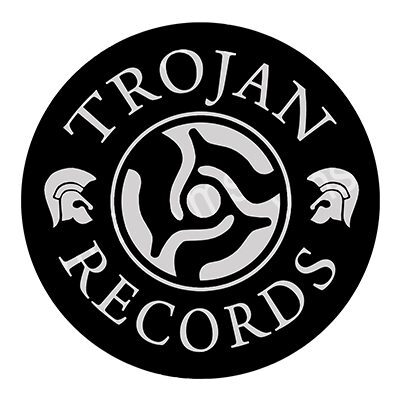 Black circular logo of Trojan Records with two Trojan helmets.