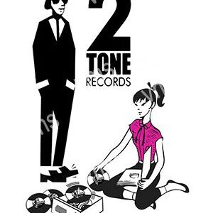 Stylized black-and-white illustration of a man and a woman with 2 Tone Records logo.