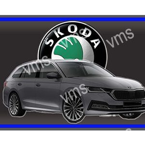 A sleek grey Škoda car with stylish wheels against a black and blue background.