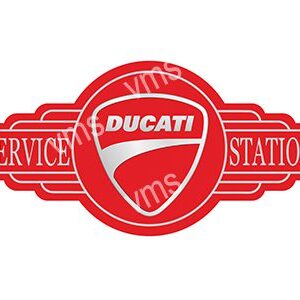 Vintage Ducati service station logo in red and white.