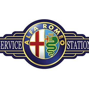 Vintage Alfa Romeo service station logo with iconic emblem.