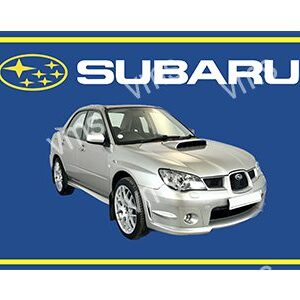 Silver Subaru car against a blue background with Subaru logo.