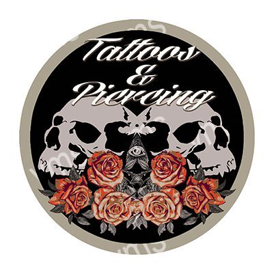Logo featuring skulls, roses, and a tattoo machine with 'Tattoos & Piercing' text.
