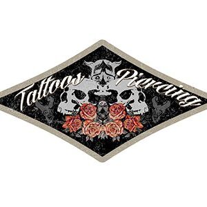 Diamond-shaped tattoo and piercing shop logo with skulls and roses.