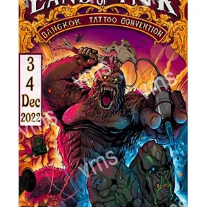 Colorful tattoo convention poster with a werewolf and fiery background.
