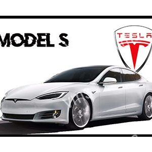 A sleek silver Tesla Model S electric car with the Tesla logo.
