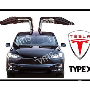 Front view of a black Tesla Model S with falcon-wing doors open.