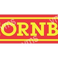 Partial view of a red and yellow sign with the word 'CORNB'.