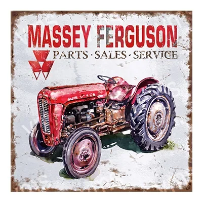 Vintage red Massey Ferguson tractor with parts and service sign.
