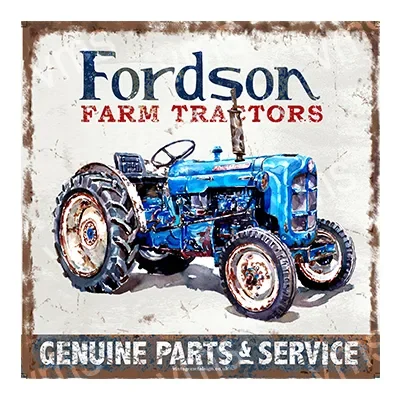 Vintage blue Fordson tractor illustration with rustic sign.