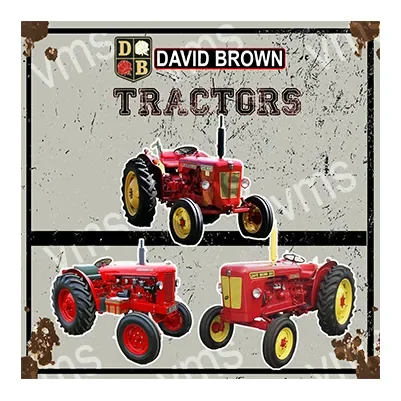 Vintage poster featuring three red David Brown tractors.