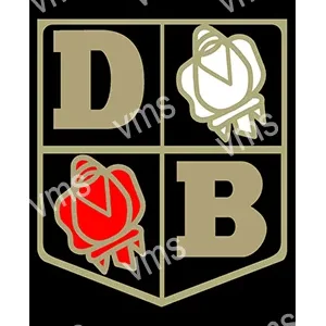 A stylized emblem with letters D and B, featuring red and white floral designs.