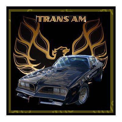 Classic black Trans Am car with flaming bird emblem on hood.