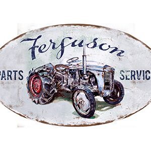 Vintage Ferguson tractor sign with rusted edges.