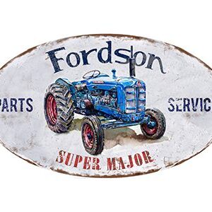 Vintage Fordson Super Major tractor sign with rustic edges.