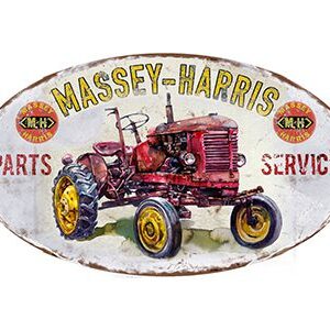 Vintage Massey-Harris tractor sign with rustic charm.