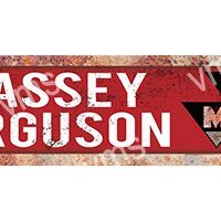 Vintage Massey Ferguson sign with red and white colors and weathered texture.