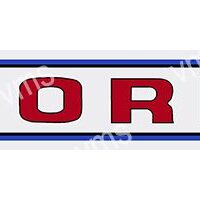 Partial view of a sign with red letters on a white background.