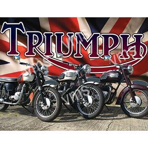 Three classic Triumph motorcycles parked with a Union Jack backdrop.