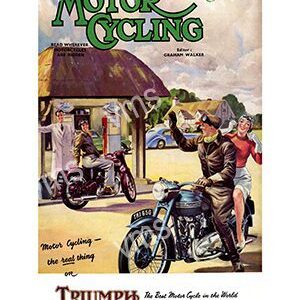 Vintage motorcycle poster with riders and a countryside inn.