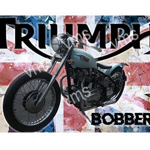 A classic black Triumph Bobber motorcycle against a distressed American flag backdrop.