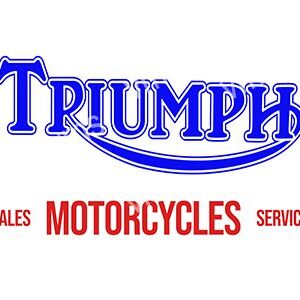 Vintage Triumph Motorcycles logo with bold blue and red text.