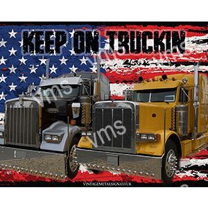 Classic American semi-truck with patriotic backdrop.
