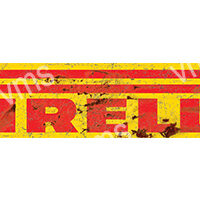 Worn yellow and red Pirelli sign with vintage look.