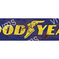Vintage Goodyear logo with winged foot on blue background.