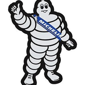 The Michelin Man mascot waving with a blue sash.