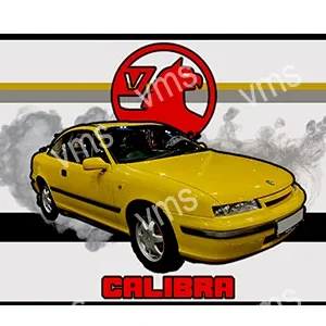 Illustration of a yellow Opel Calibra with a 175 horsepower badge.